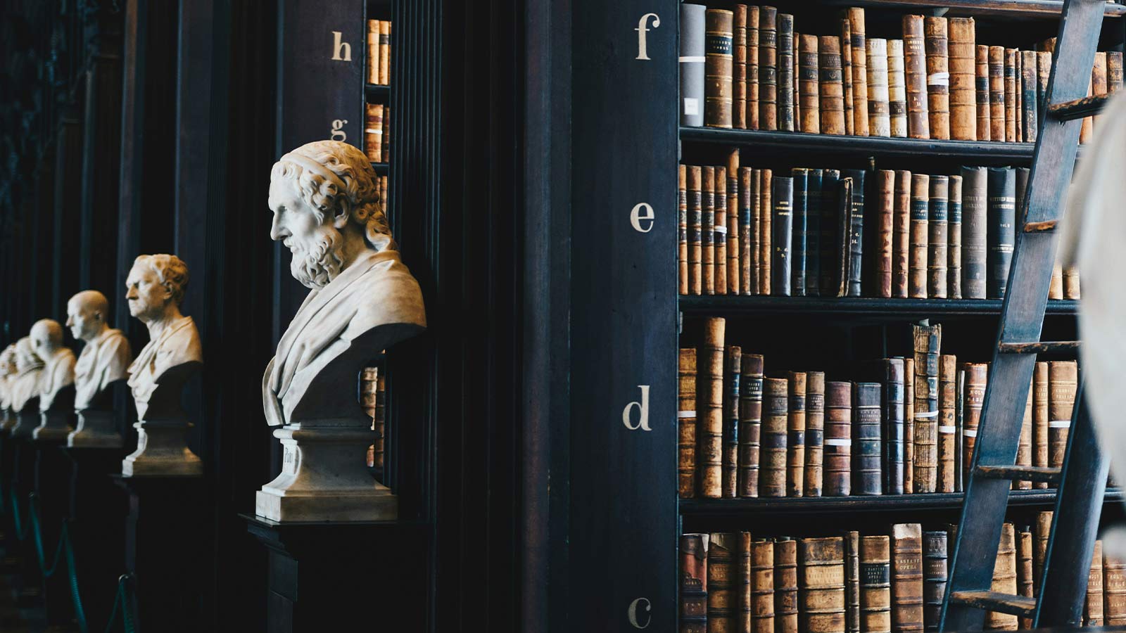 Marble busts along a gallery of tall shelves filled with leather bound volumes in a historic library reading room