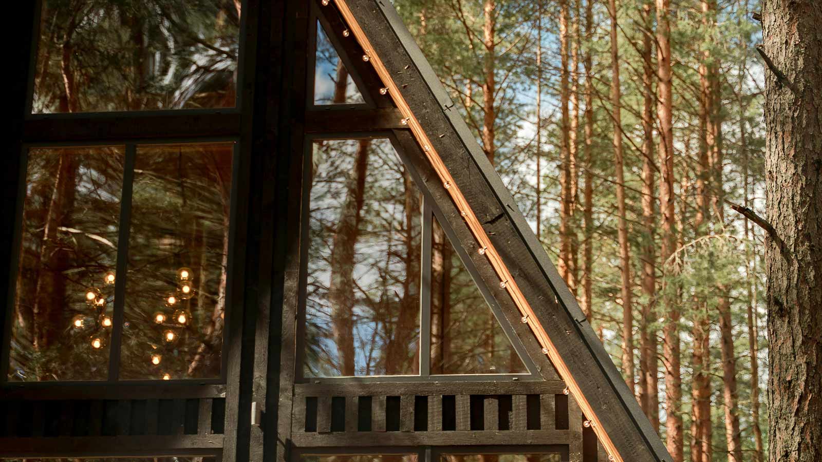 a triangular black door with a triangle window and trees in the background for grand deeds and quitclaim deeds Home Title