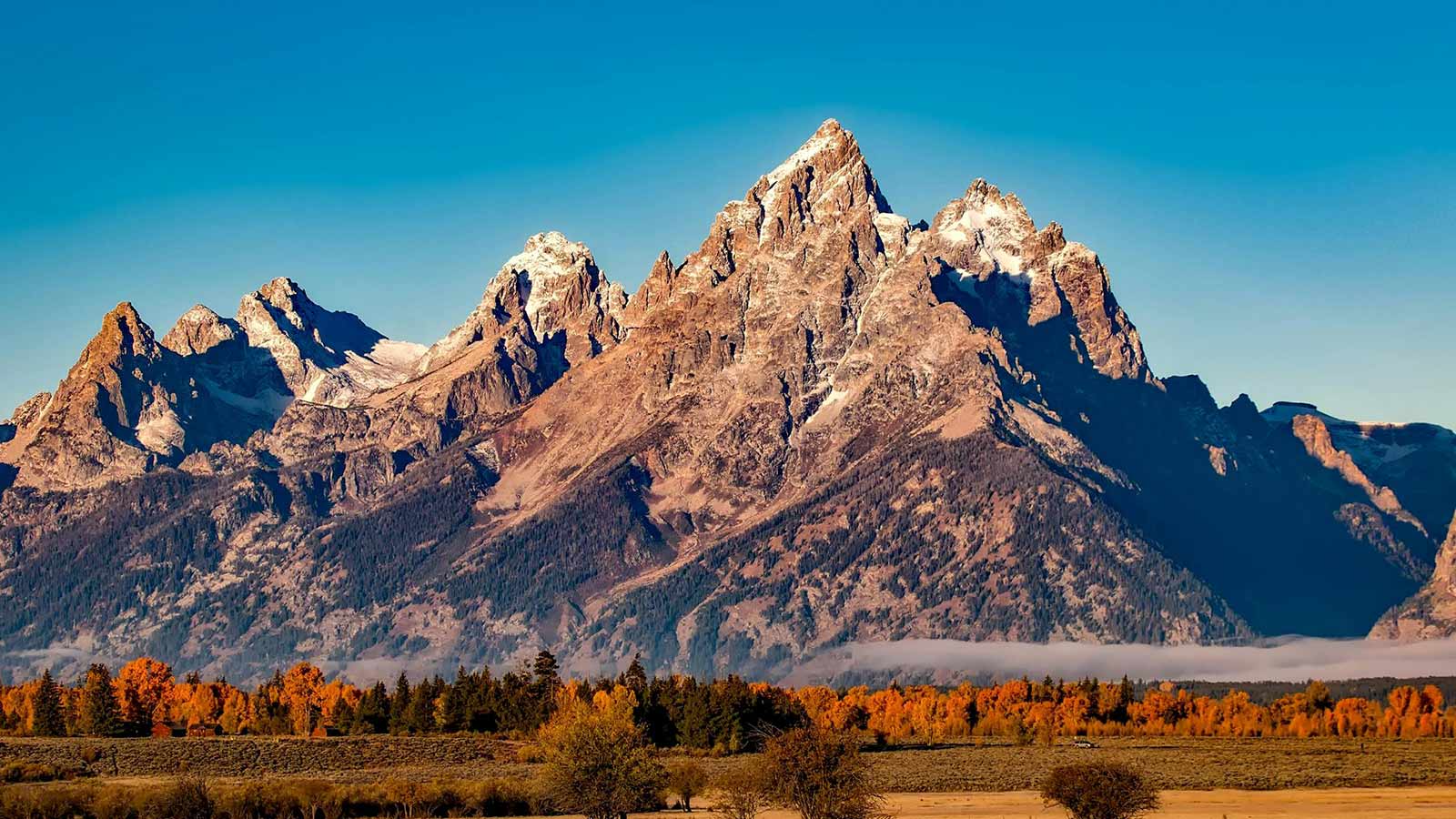 a mountain range with trees and blue sky image example of lender's title Title Search in Wyoming