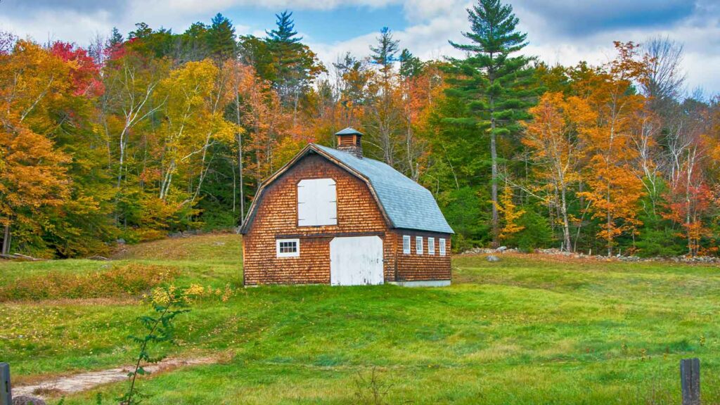 a barn in a grassy field with trees in the background New Hampshire Title Search