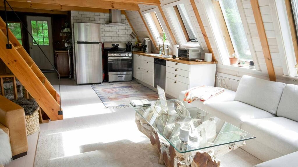 a kitchen with a glass table and a refrigerator due diligence