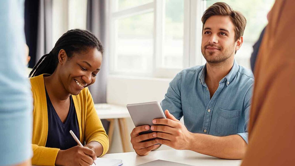 a man and woman looking at a tablet AI Title Search in New York
