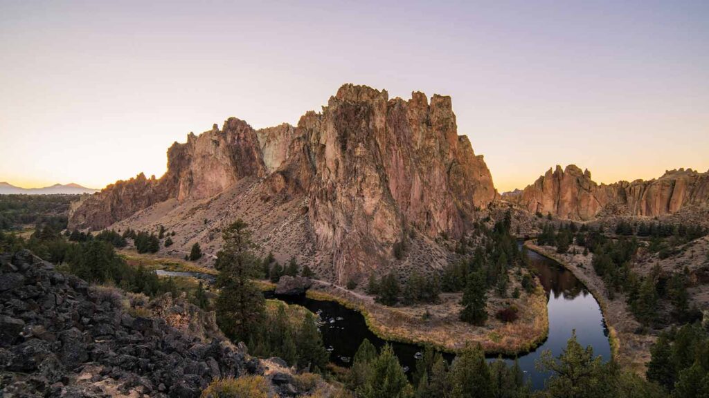 Majestic rock formations by river AI Title Search in Oregon